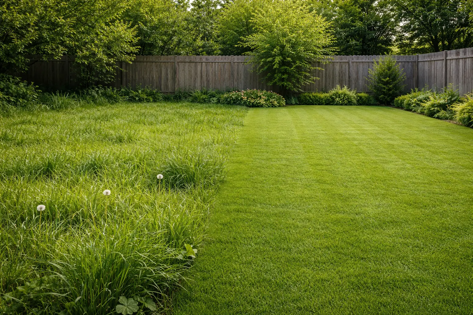 Side-by-side lawn comparison showing an overgrown yard on the left and a neatly trimmed, freshly mowed lawn on the right.