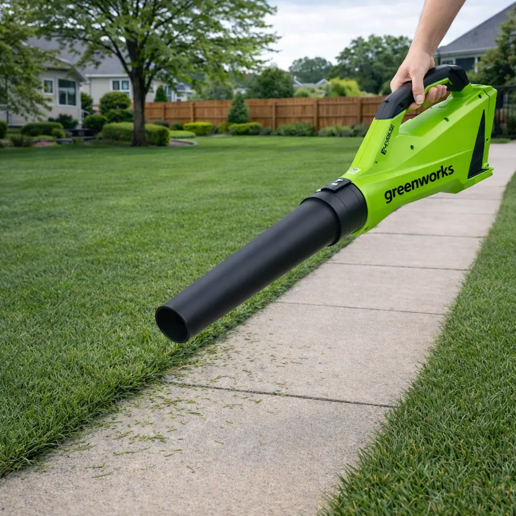 Leaf blower clearing grass clippings from a sidewalk