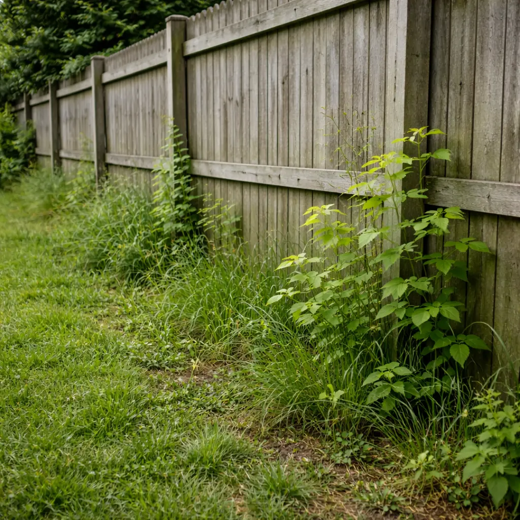 Small saplings and weeds growing along a fence line