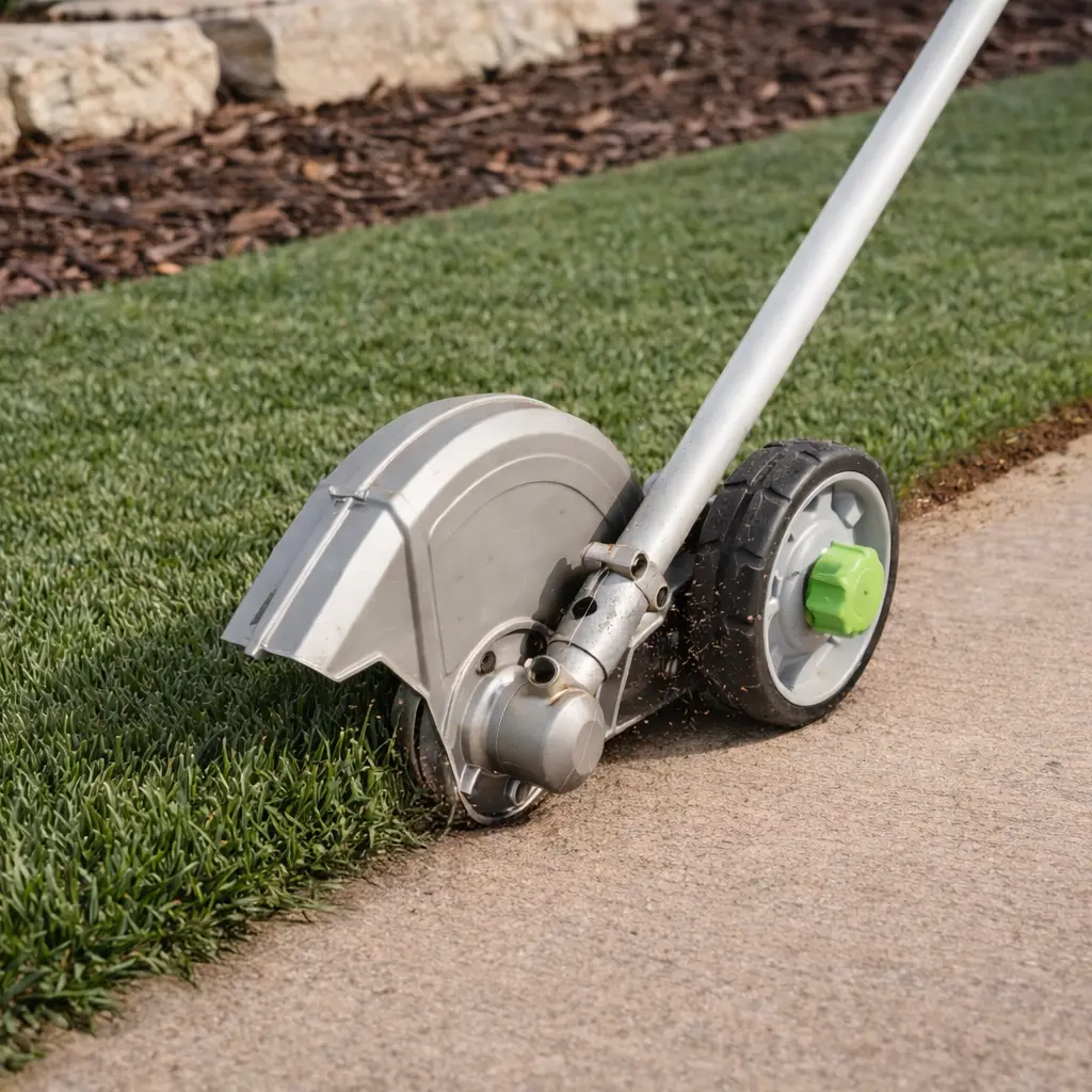 Lawn edger cutting a clean edge along a sidewalk