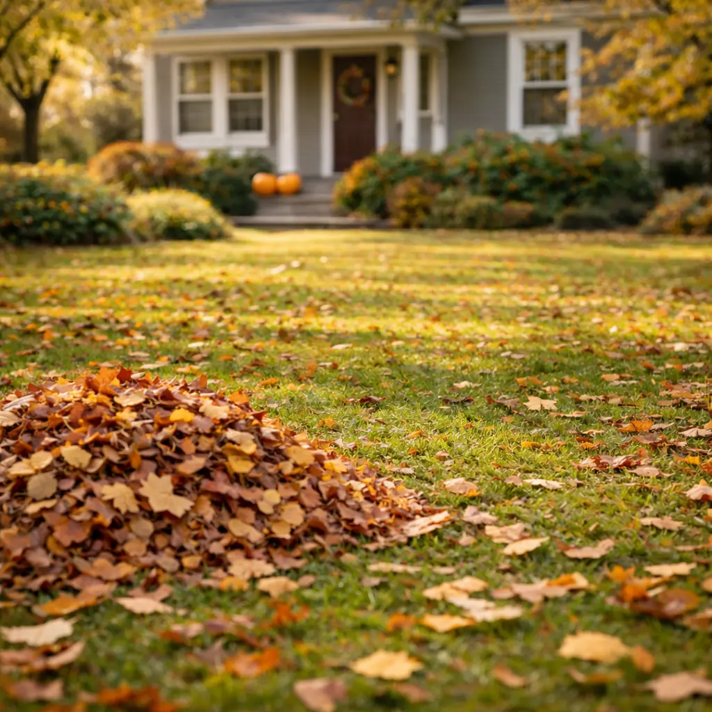 Autumn leaves collected on a lawn before mulch mowing