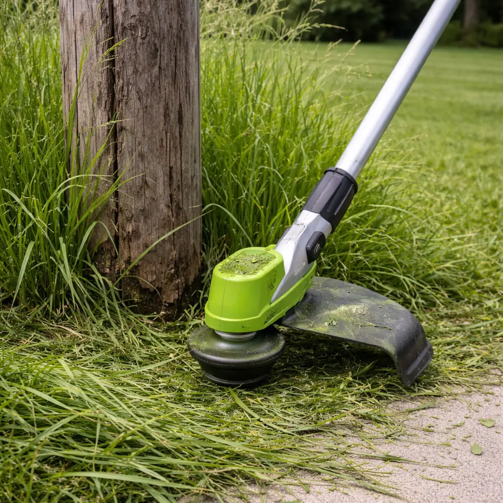 String trimmer cutting grass and weeds around landscaping