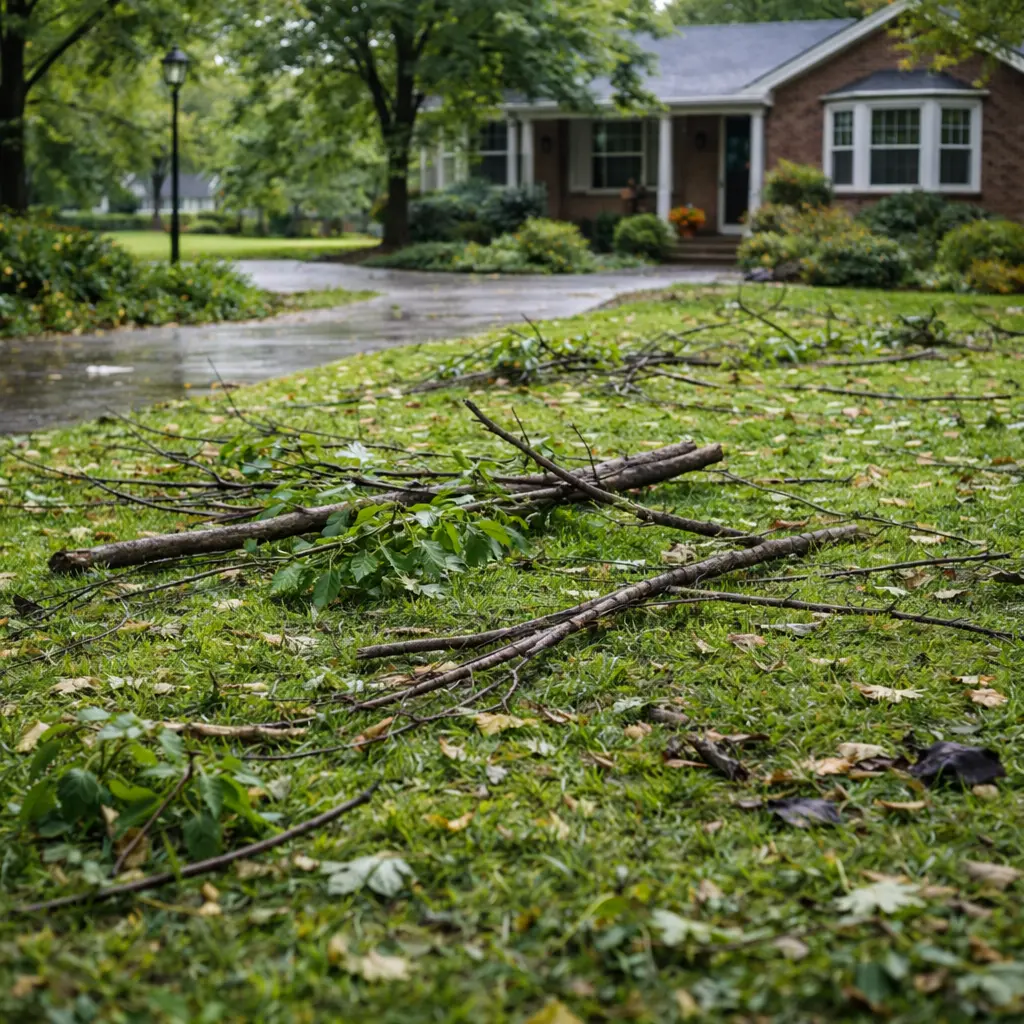 Storm debris cleanup removing branches and sticks from a lawn